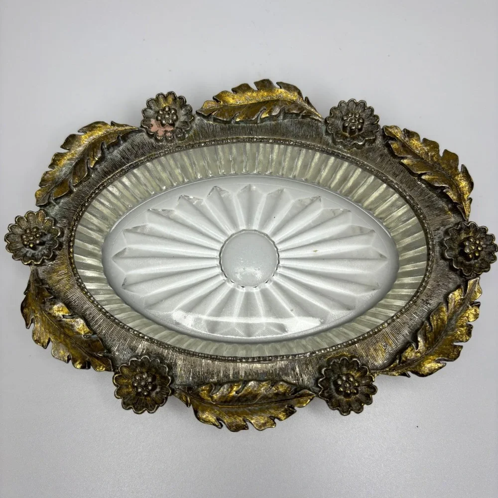 Vintage Matson Hollywood Regency Style Metal and Cut Glass Floral Soap Dish